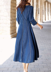 French Denim Blue V Neck Patchwork Pockets Maxi Dresses Spring