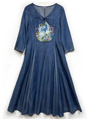 French Denim Blue V Neck Patchwork Pockets Maxi Dresses Spring