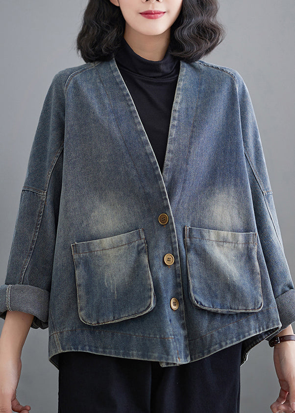 French Denim Blue V Neck Pockets Patchwork Coat Spring