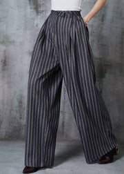French Dull Grey Striped Cotton Wide Leg Pants Fall