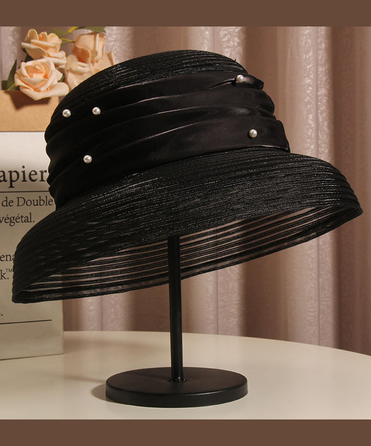 French Elegant Black Tulle Nail Bead Bucket Hat Summer