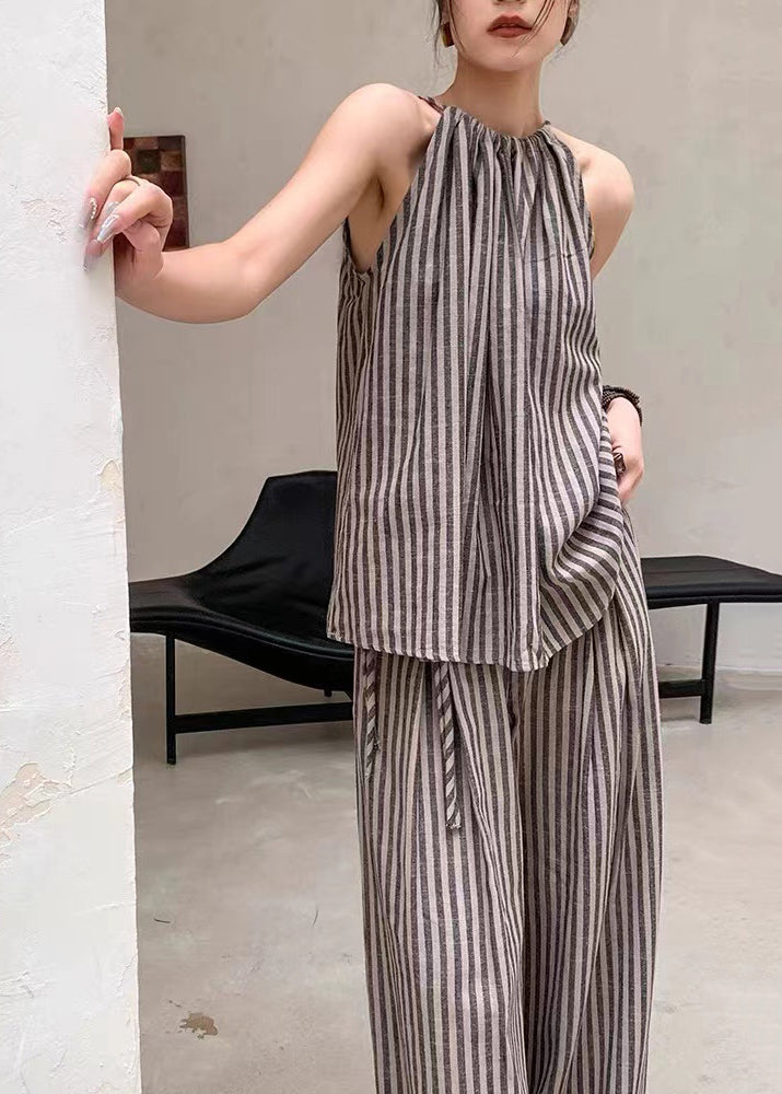French Fashion Coffee Striped Top Wide Leg Pants Two Piece Set Summer