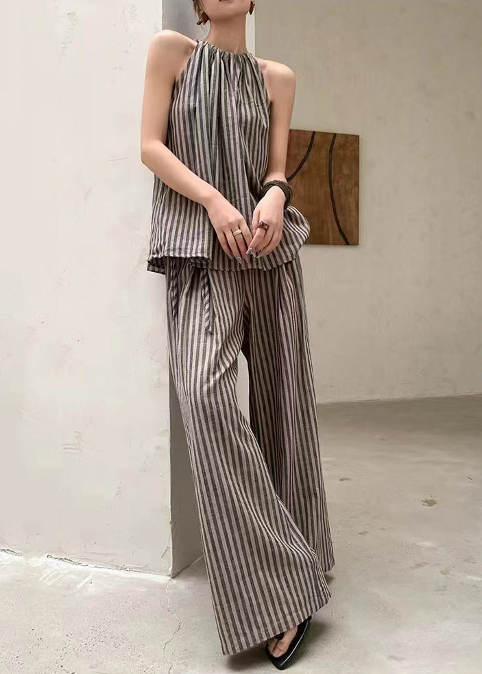 French Fashion Coffee Striped Top Wide Leg Pants Two Piece Set Summer