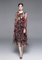 French Floral Embroidered Ruffled Patchwork Tulle Dresses Summer