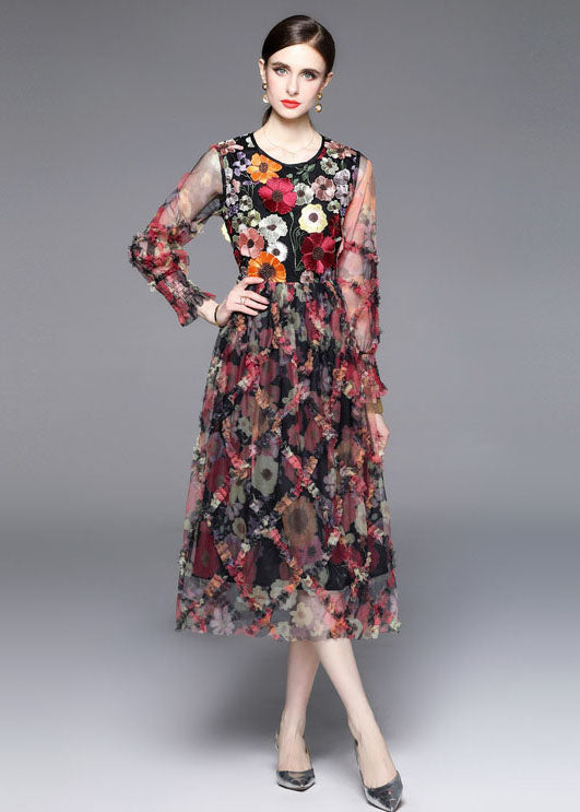 French Floral Embroideried Ruffled Patchwork Tulle Dresses Summer