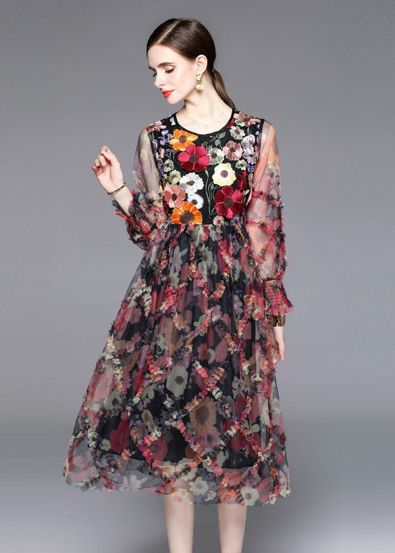 French Floral Embroideried Ruffled Patchwork Tulle Dresses Summer