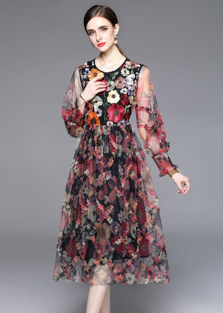 French Floral Embroideried Ruffled Patchwork Tulle Dresses Summer