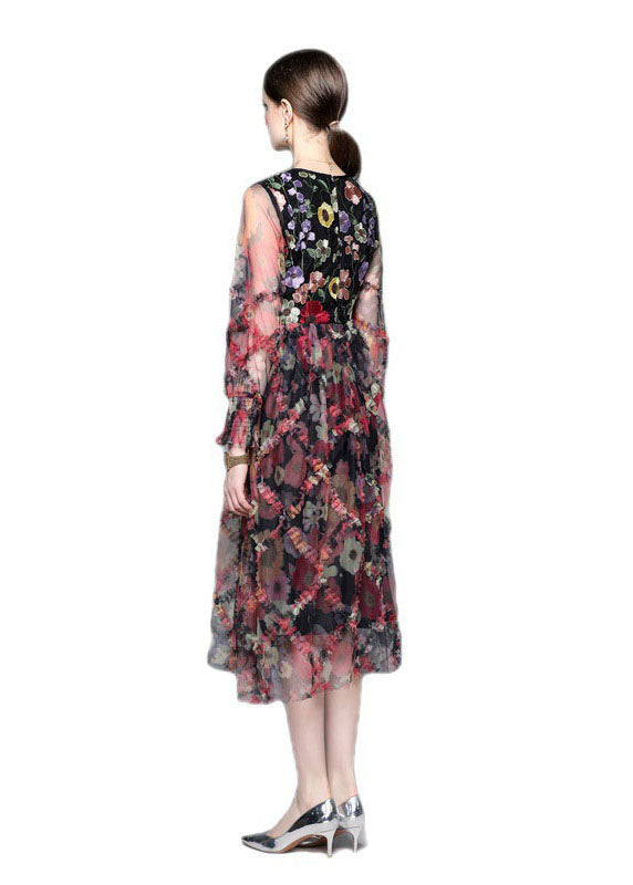 French Floral Embroidered Ruffled Patchwork Tulle Dresses Summer