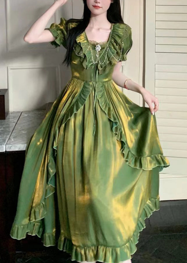 French Gilding Green Ruffled Patchwork Silk Dresses Summer