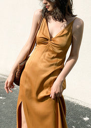 French Ginger V Neck Patchwork Silk Spaghetti Strap Dress Summer
