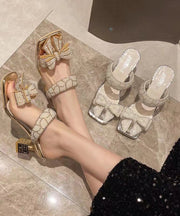 French Gold Bow Zircon Chunky Heel Slide Sandals Peep Toe
