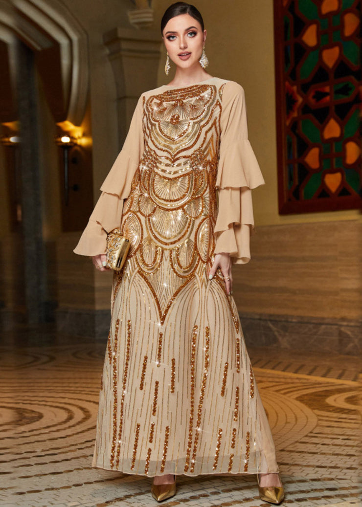 French Gold Embroidered Sequins Chiffon Maxi Dresses Butterfly Sleeve