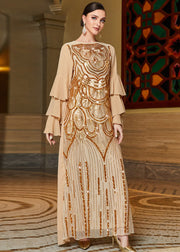 French Gold Embroideried Sequins Chiffon Maxi Dresses Butterfly Sleeve