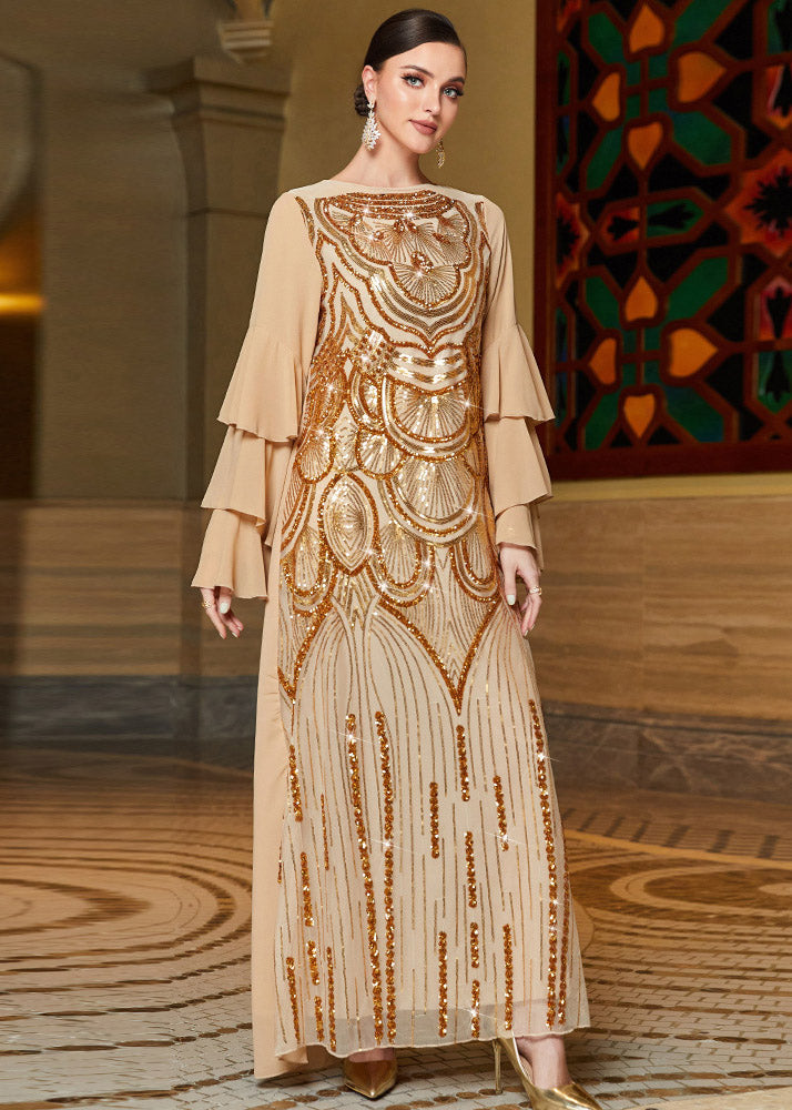 French Gold Embroideried Sequins Chiffon Maxi Dresses Butterfly Sleeve