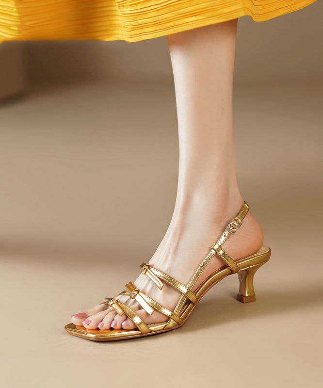 French Gold Square Bow Dew Toe High Heeled Sandals