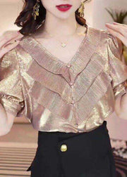 French Gold V Neck Ruffled Patchwork Silk Shirt Tops Summer