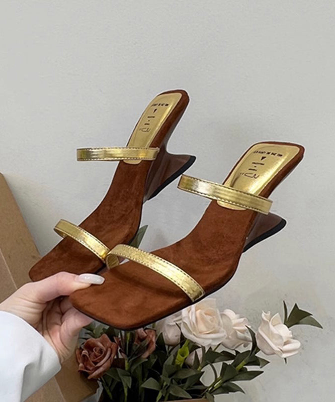 French Gold Wedge Heel Slide Sandals Peep Toe