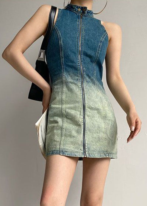 French Gradient Button Color Zip Up Denim Mid Dress Sleeveless