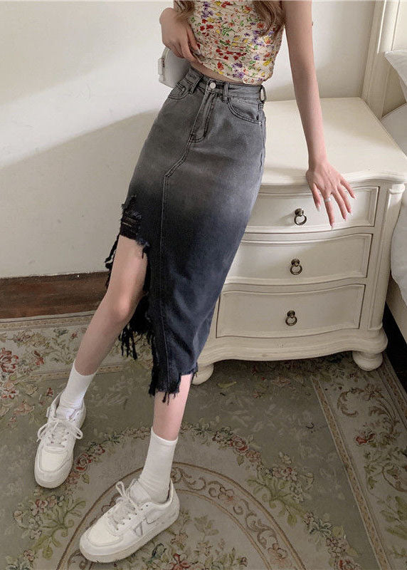 French Gradient Color Front Open Tasseled Denim Skirts Summer