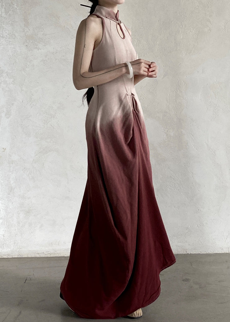 French Gradient Color Stand Collar Wrinkled Cotton Long Dresses Sleeveless
