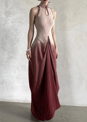 French Gradient Color Stand Collar Wrinkled Cotton Long Dresses Sleeveless