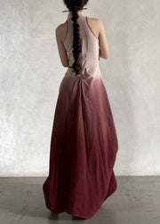 French Gradient Color Stand Collar Wrinkled Cotton Long Dresses Sleeveless