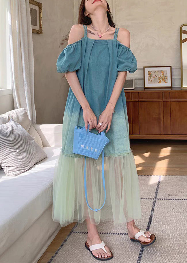 French Gradient Color Tulle Patchwork Long Dresses Summer