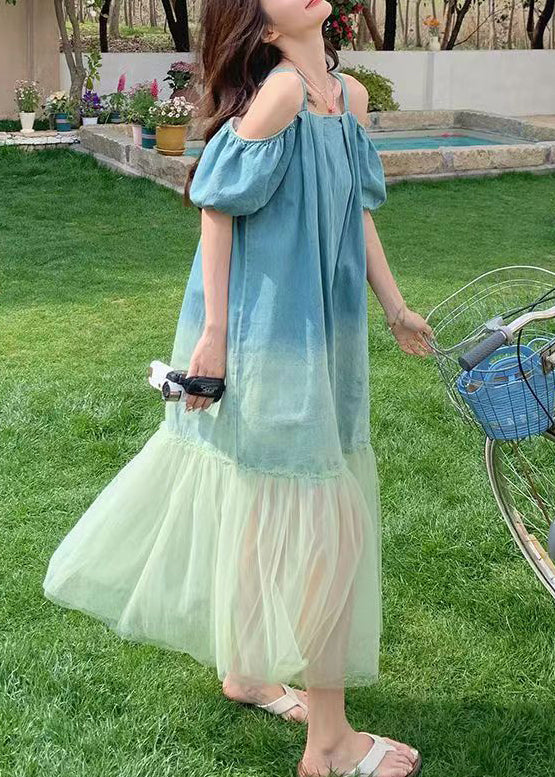 French Gradient Color Tulle Patchwork Long Dresses Summer