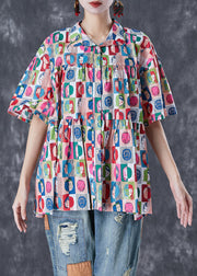 French Graffiti Print Oversized Wrinkled Cotton Blouses Summer