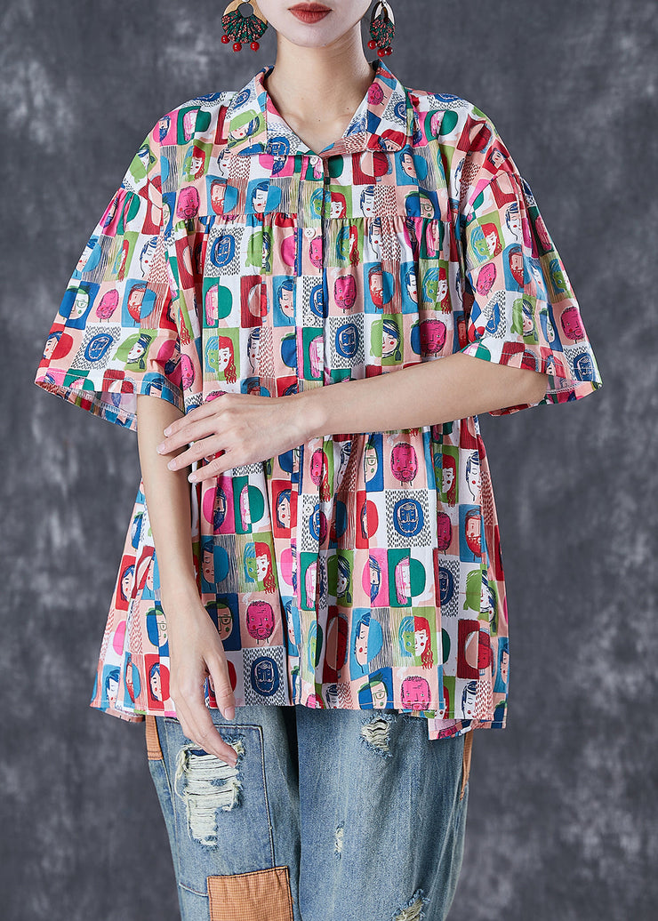 French Graffiti Print Oversized Wrinkled Cotton Blouses Summer