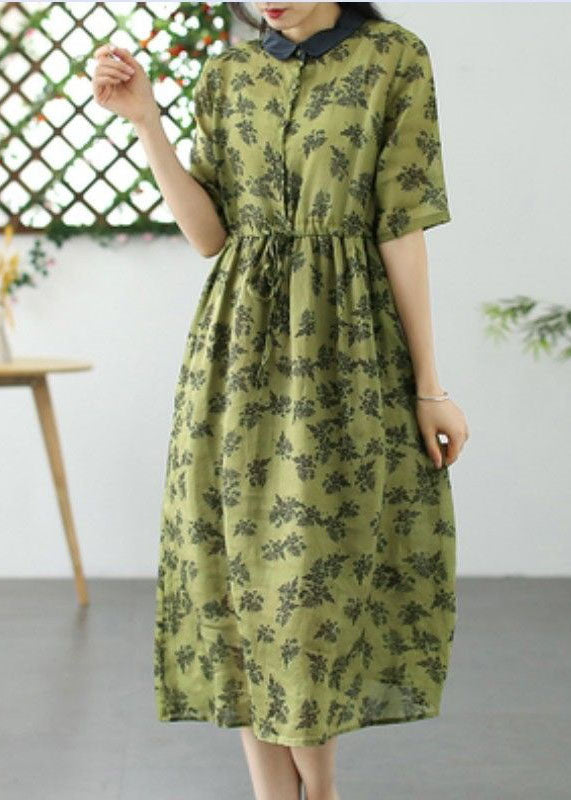 French Grass Green Peter Pan Collar Print Patchwork Linen Dresses Summer