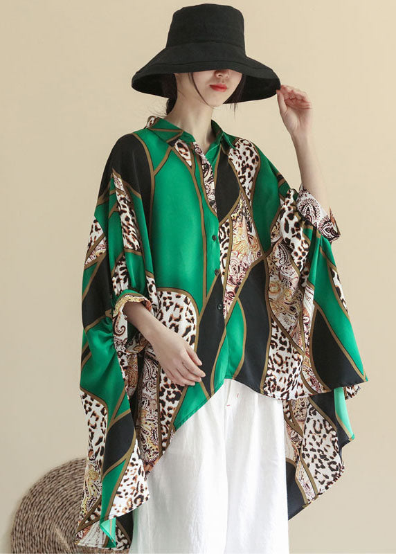 French Green Asymmetrical Design Print Chiffon Shirt Top Summer