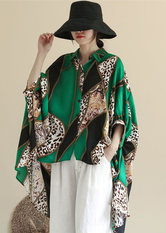 French Green Asymmetrical Design Print Chiffon Shirt Top Summer