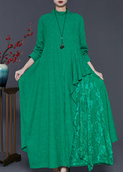 French Green Asymmetrical Patchwork Cotton Ankle Dress Spring