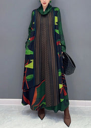 French Green Asymmetrical Print False Two Pieces Cotton Dresses Fall