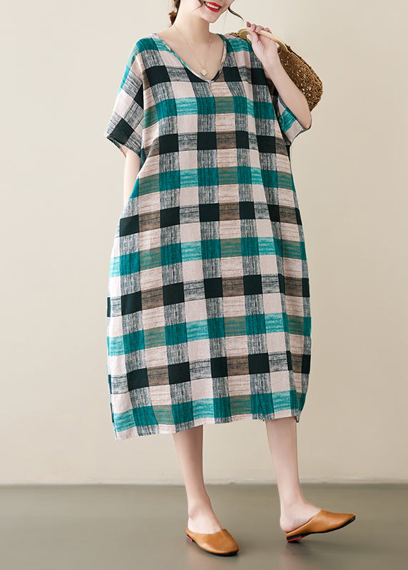 French Green Black Plaid Oversized Linen Dress Summer