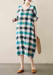 French Green Black Plaid Oversized Linen Dress Summer