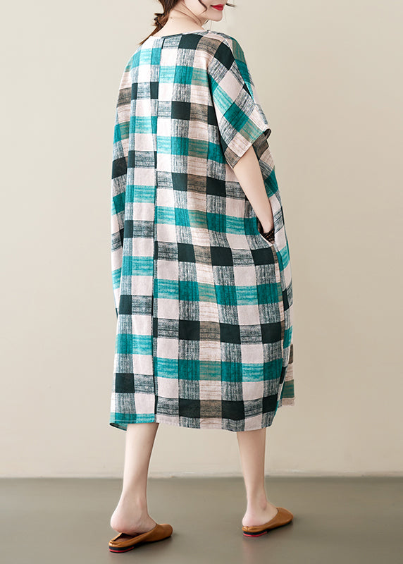 French Green Black Plaid Oversized Linen Dress Summer