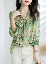 French Green Bow Collar Patchwork Ruffles Print Chiffon Shirts Spring