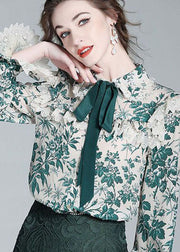 French Green Bow Lace Patchwork Print Silk Shirt Top Spring