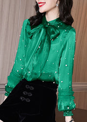 French Green Bow Nail Bead Chiffon Blouses Spring