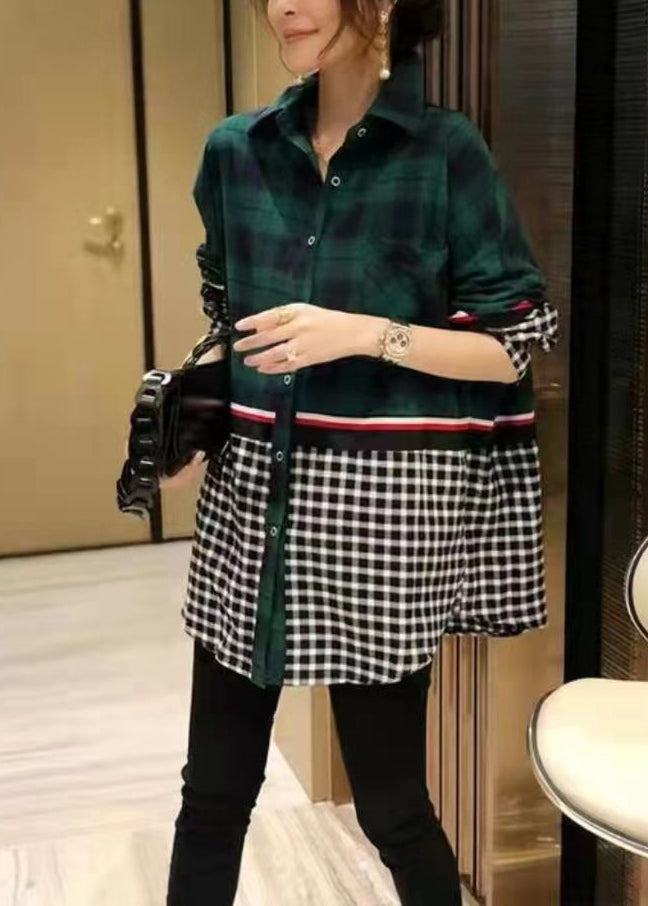 French Green Button Peter Pan Collar Plaid Patchwork Blouses Long Sleeve