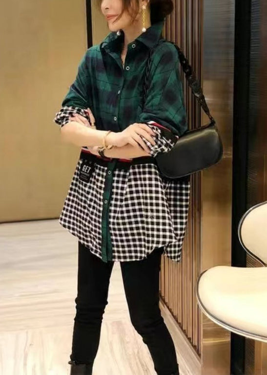 French Green Button Peter Pan Collar Plaid Patchwork Blouses Long Sleeve