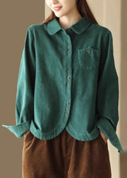 French Green Button Pockets Corduroy Blouses Long Sleeve