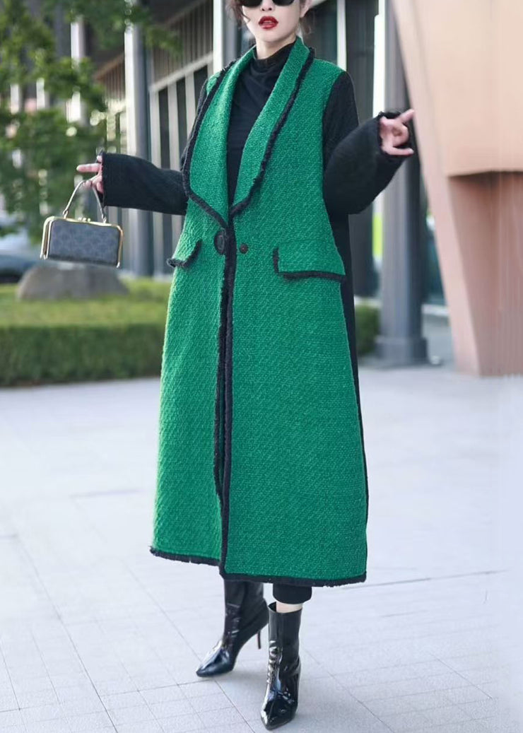 French Green Button Pockets Patchwork Woolen Coats Winter