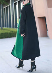 French Green Button Pockets Patchwork Woolen Coats Winter