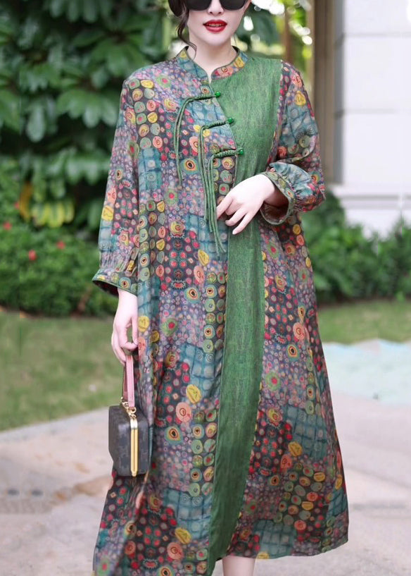 French Green Button Print Patchwork Silk Long Dress Spring