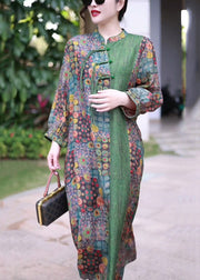 French Green Button Print Patchwork Silk Long Dress Spring