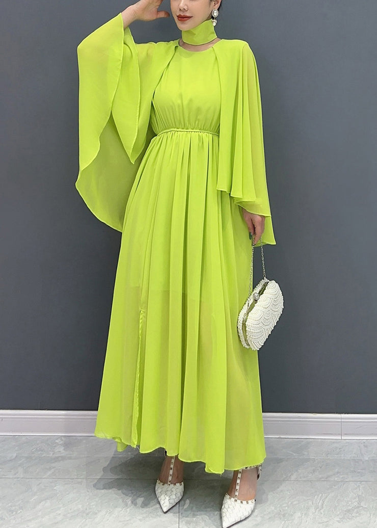 French Green Cape Patchwork Chiffon Long Dresses Flare Sleeve