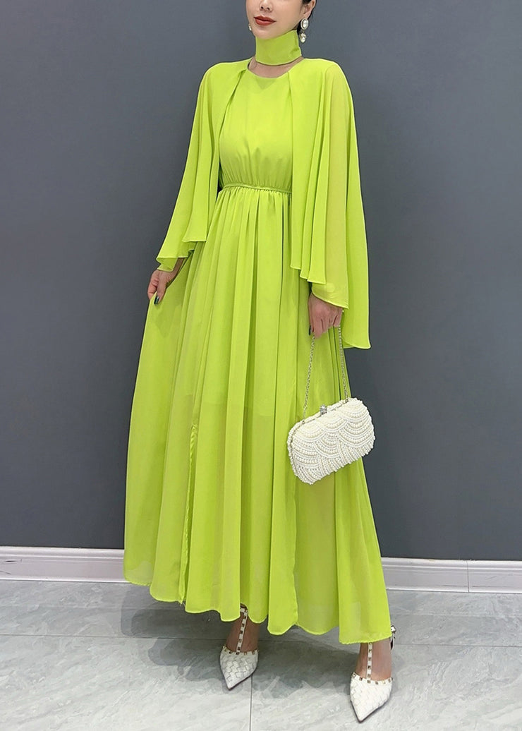 French Green Cape Patchwork Chiffon Long Dresses Flare Sleeve